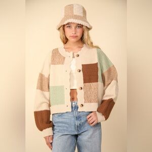 VERY J Color Block Button Down Textured Sweater Cardigan